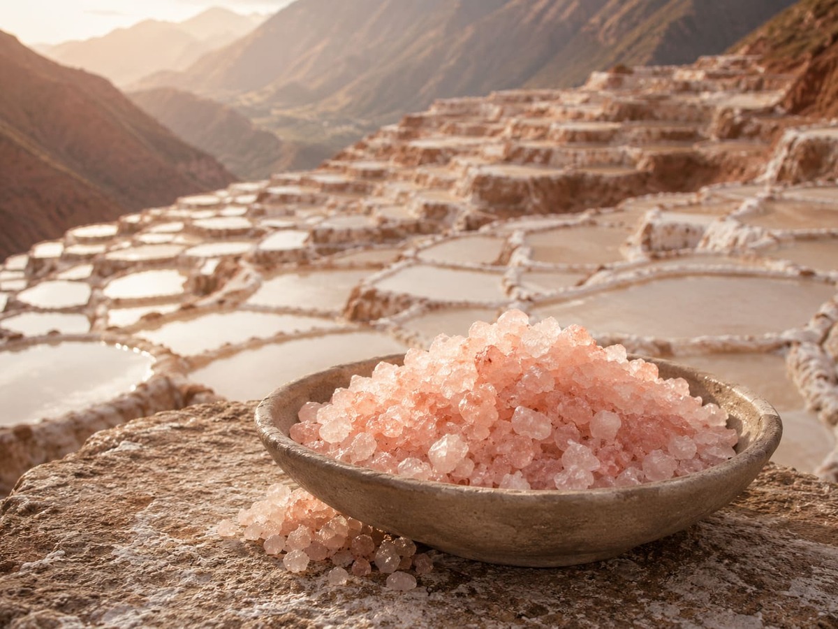Pink salt crystals with the Maras salt ponds in the Peruvian Andes
