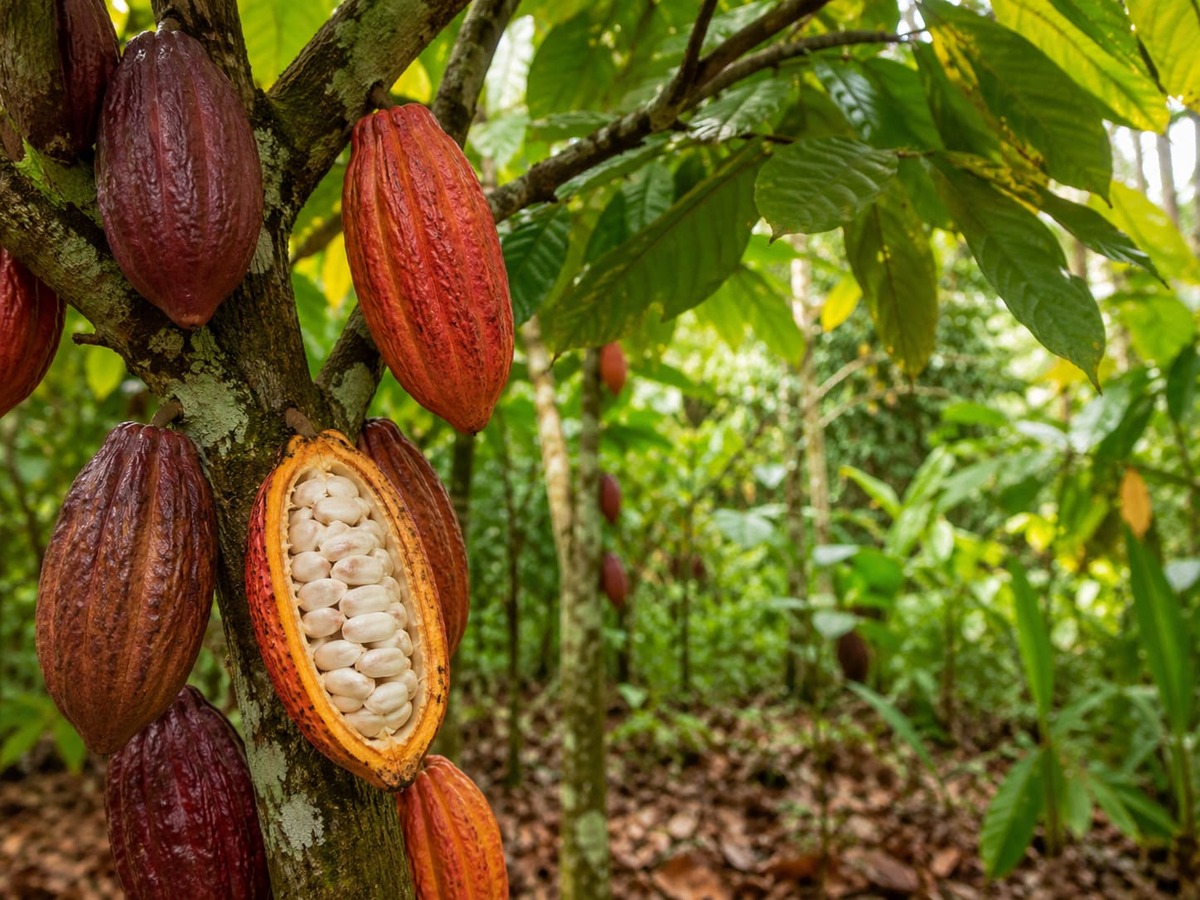 Criollo cacao pods growing in the Peruvian Amazon