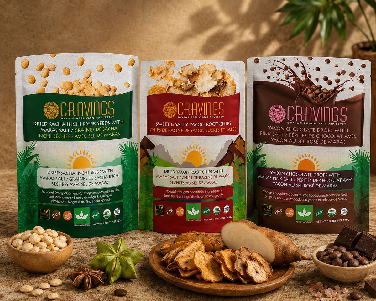 Cravings snacks including sacha inchi seeds, yacon root chips and yacon chocolate drops